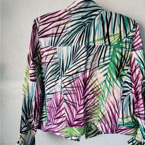 Margaret Frances 100% linen long sleeve front buttons palm leaves print jacket - Picture 6 of 12